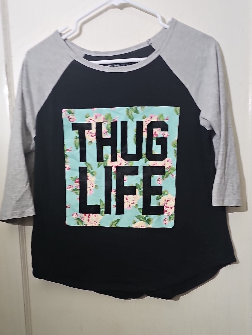 Thug Life Floral Graphic Raglan Top - 3/4 Sleeve